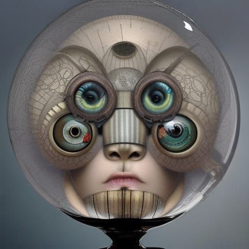 Eye 3 steampunk, highly detailed close - up portrait of retro mechanical striped insect toy, nicoletta ceccoli, mark ryd...