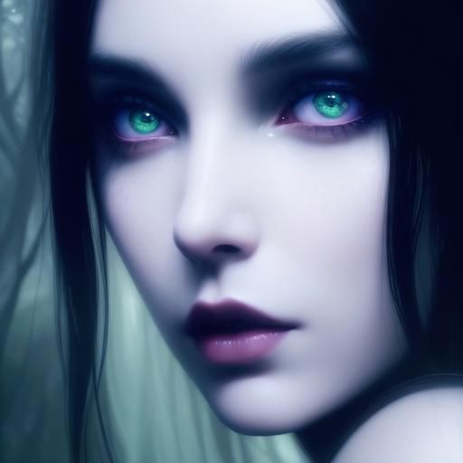 Ethereal Portrait of Forest Nymph with long black hair and green eyes and porcelain white complexion& photorealistic gol...