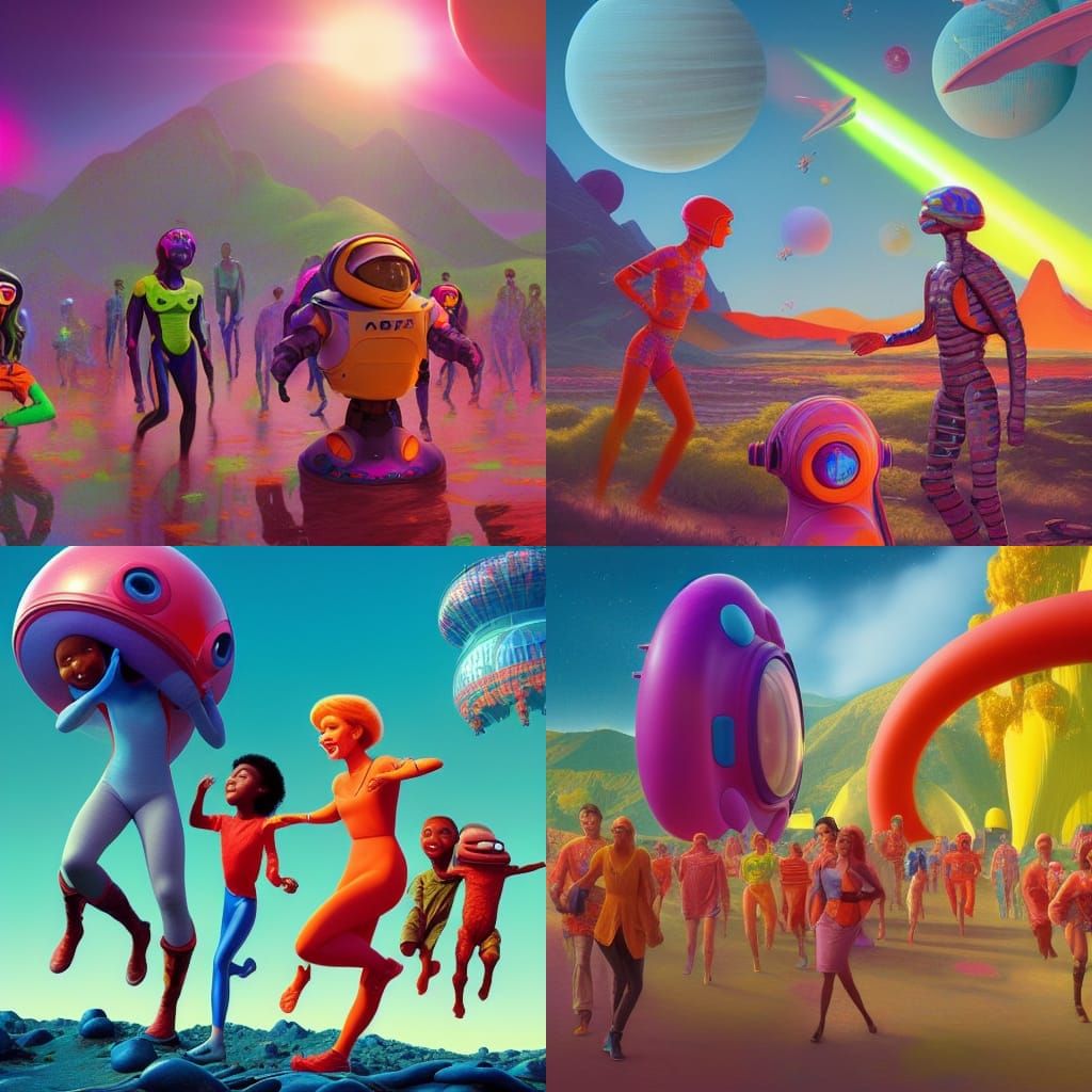 bright, happy, and colorful Humans invading an extraterrestrial civilization on a far away planet