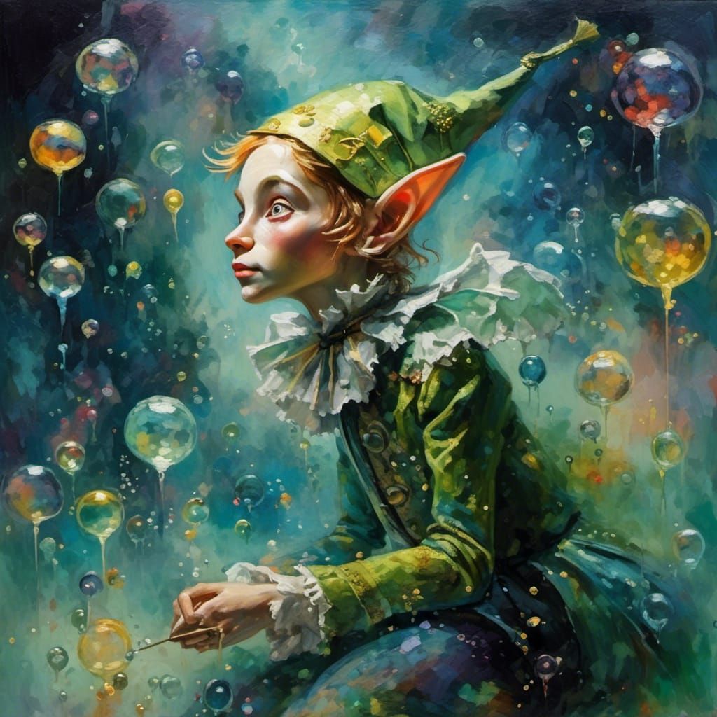 A Fizzy Elf floating in absinthe and space with lots of multicoloured, iridescent bubbles, thick chunky paint splats, faint musical overlay...