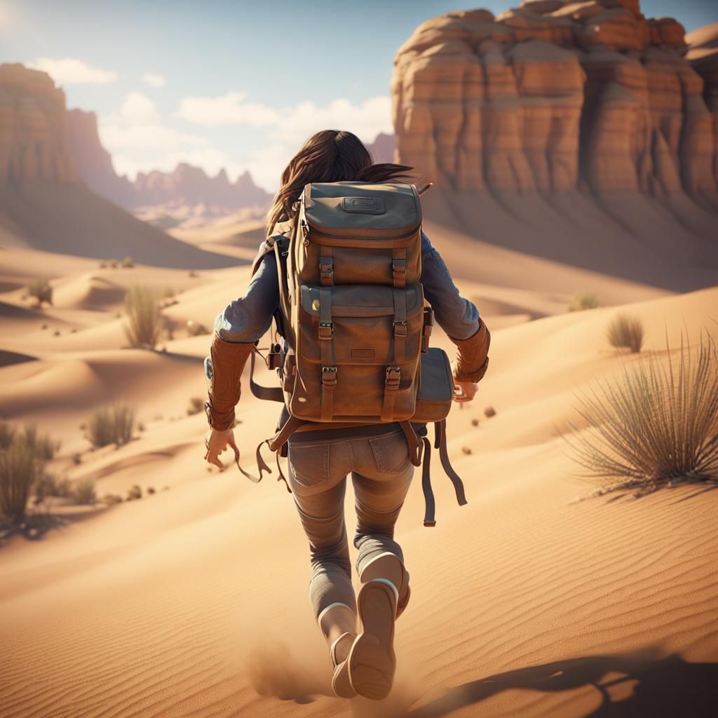 young woman with backpack running from someone in desert