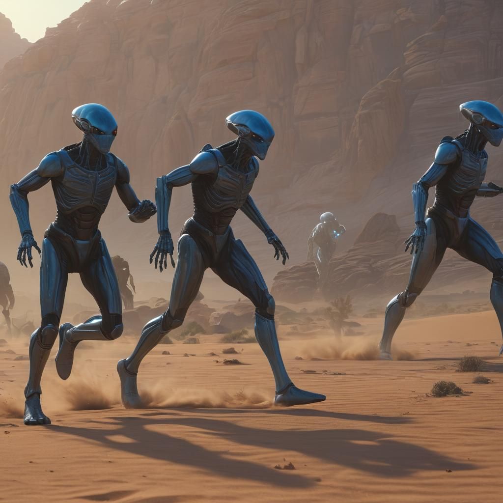 aliens running in the style of Ralph McQuarrie