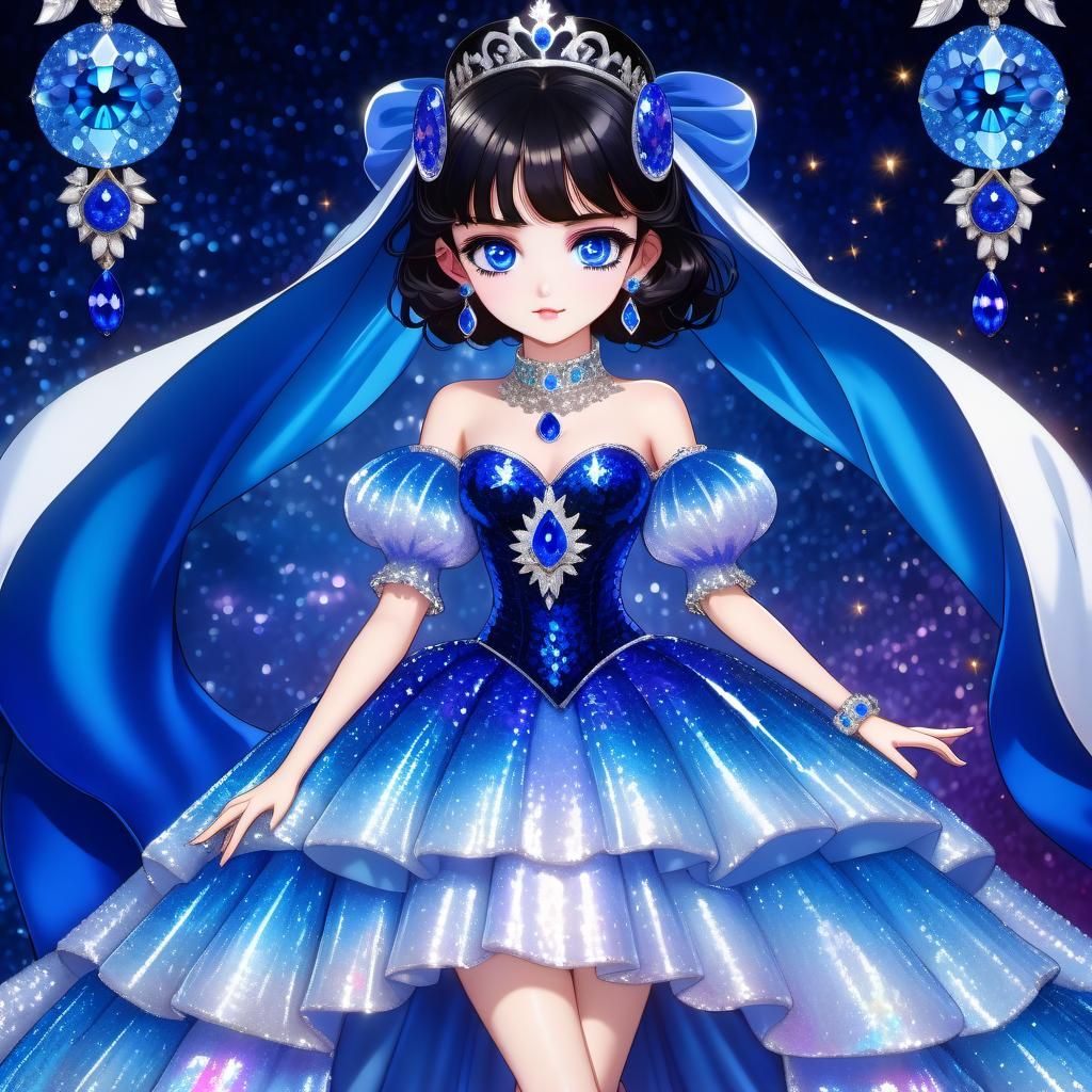 {{<Clear coat imagery retina display>}} Beautiful dark haired princess ethereal with shiny detailed prismatic eyes, clad in long deep ultram...
