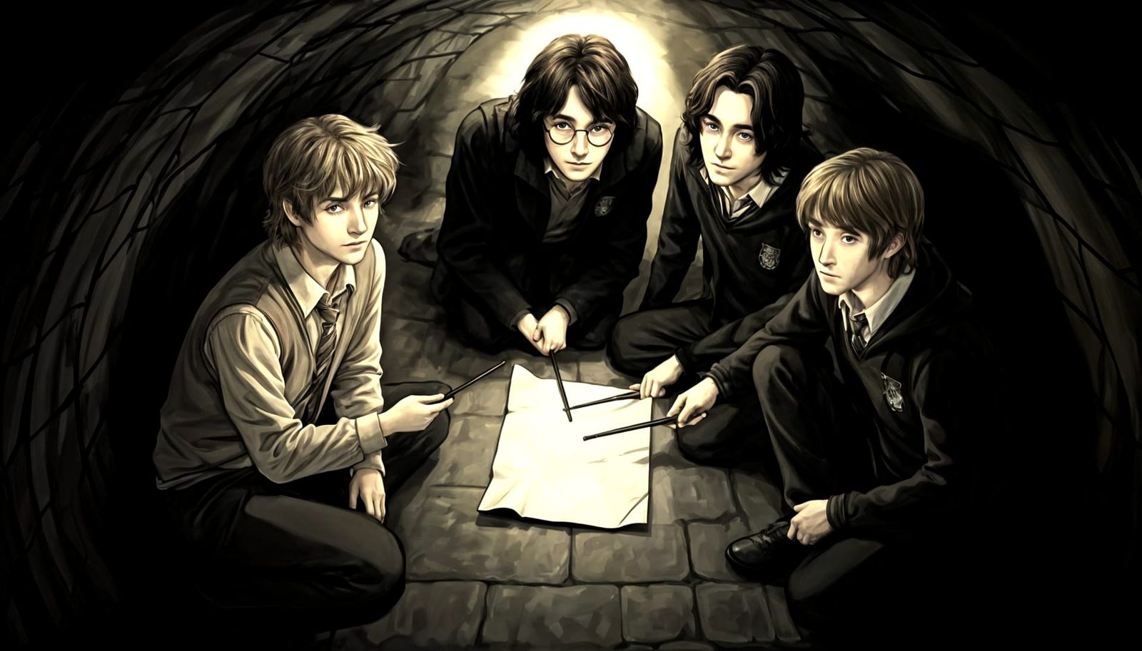Marauders creating the Marauders Map in one of the secret passages