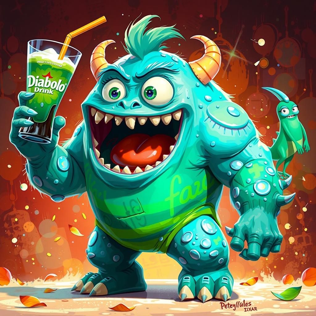 CGI monster based on "diabolo mint drink" theme. 2D cartoon ...