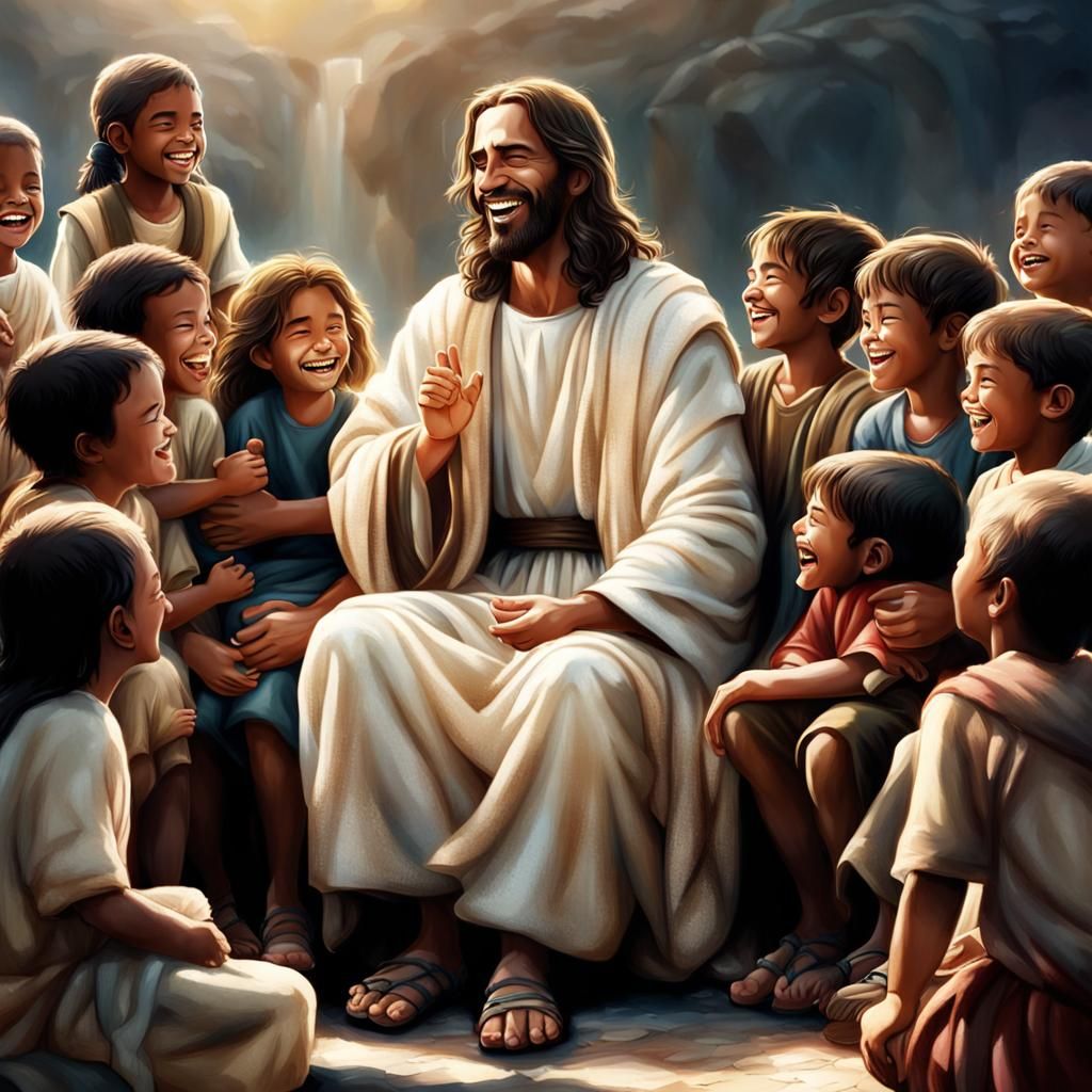 Jesus sitting and laughing with children around him smiling and sitting next to him. epic, cinematic,  realistic.
