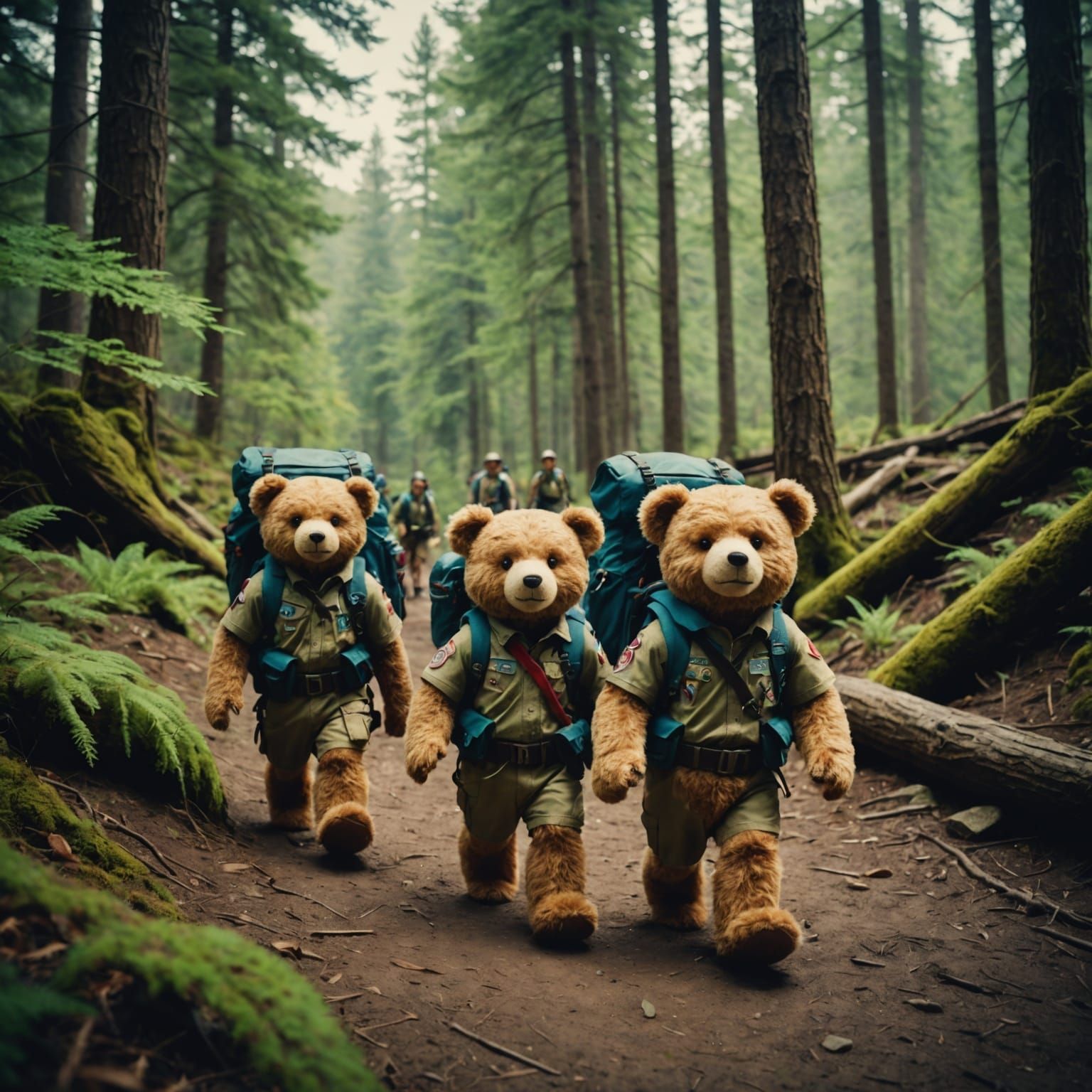 A teddy bear scout troop on a hike