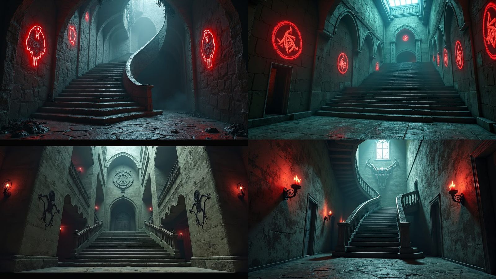 cryptic symbols on walls, in a big castle, darkness and evil spirits, a staircase, dim lights, and cryptic symbols on th...