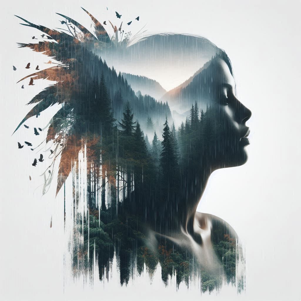 double exposure beautiful fantasy DALL-E 3 portrait landscape..