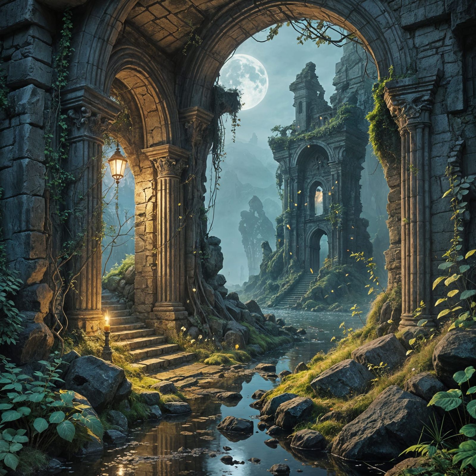 Mystical magical fantasy ruins, magical runes  by @Laevos