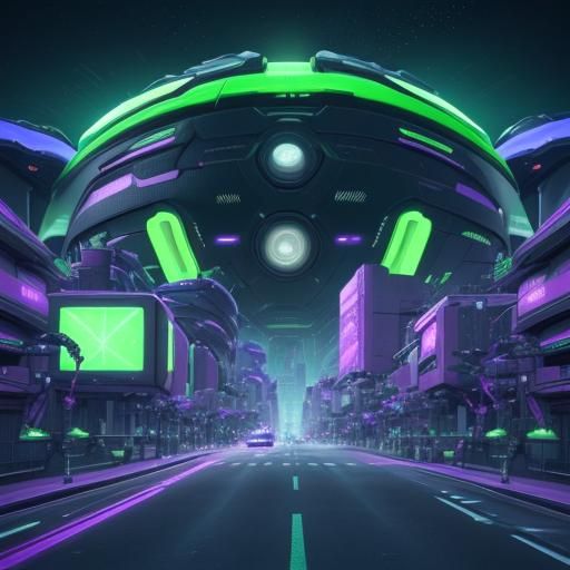 Futuristic city with neon green and purple signs on buildings and roads with large chrome futuristic cars with universe ...