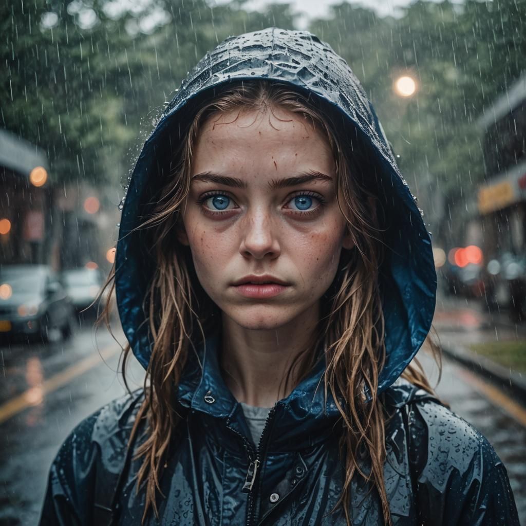 Teenage girl in rain with deep blue eyes staring at me. The color tones are cold. She is indifferent and stoic
