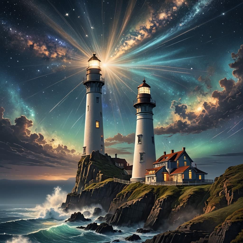 A majestic lighthouse stands on the edge of a cliff, overloo...