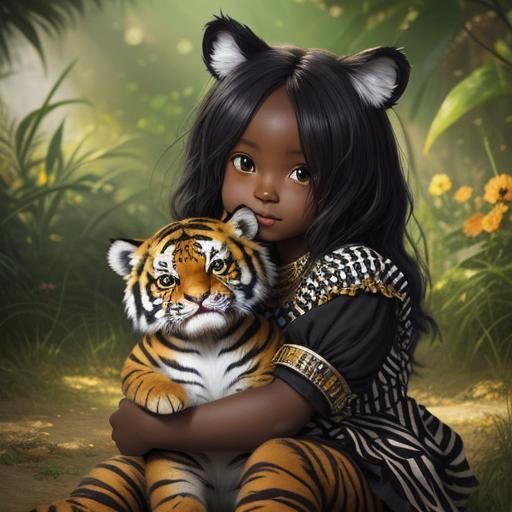 Plush toy tiger being hugged by a girl (Dream Shaper V8)