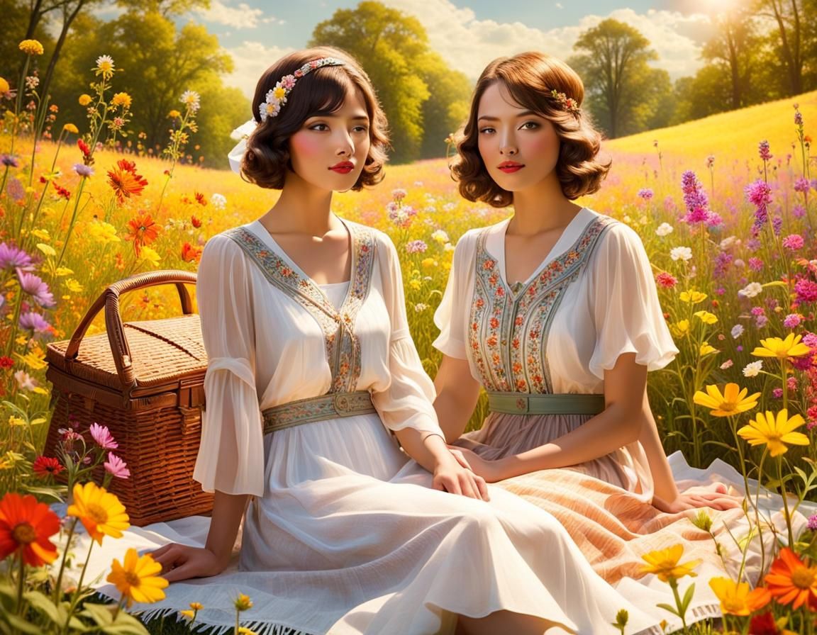 Picnic in a Field of Flowers