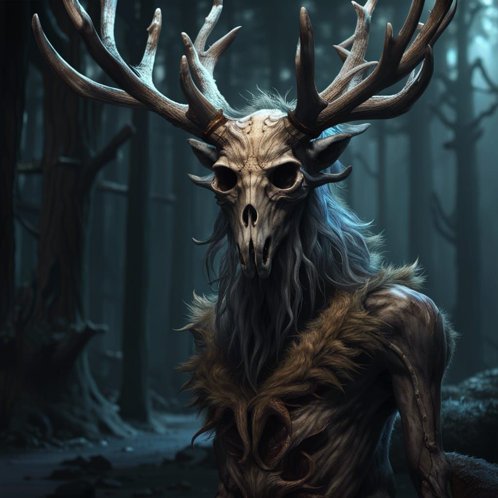 Wendigo, emaciated humanoid fur coated body with a deer skull for a ...