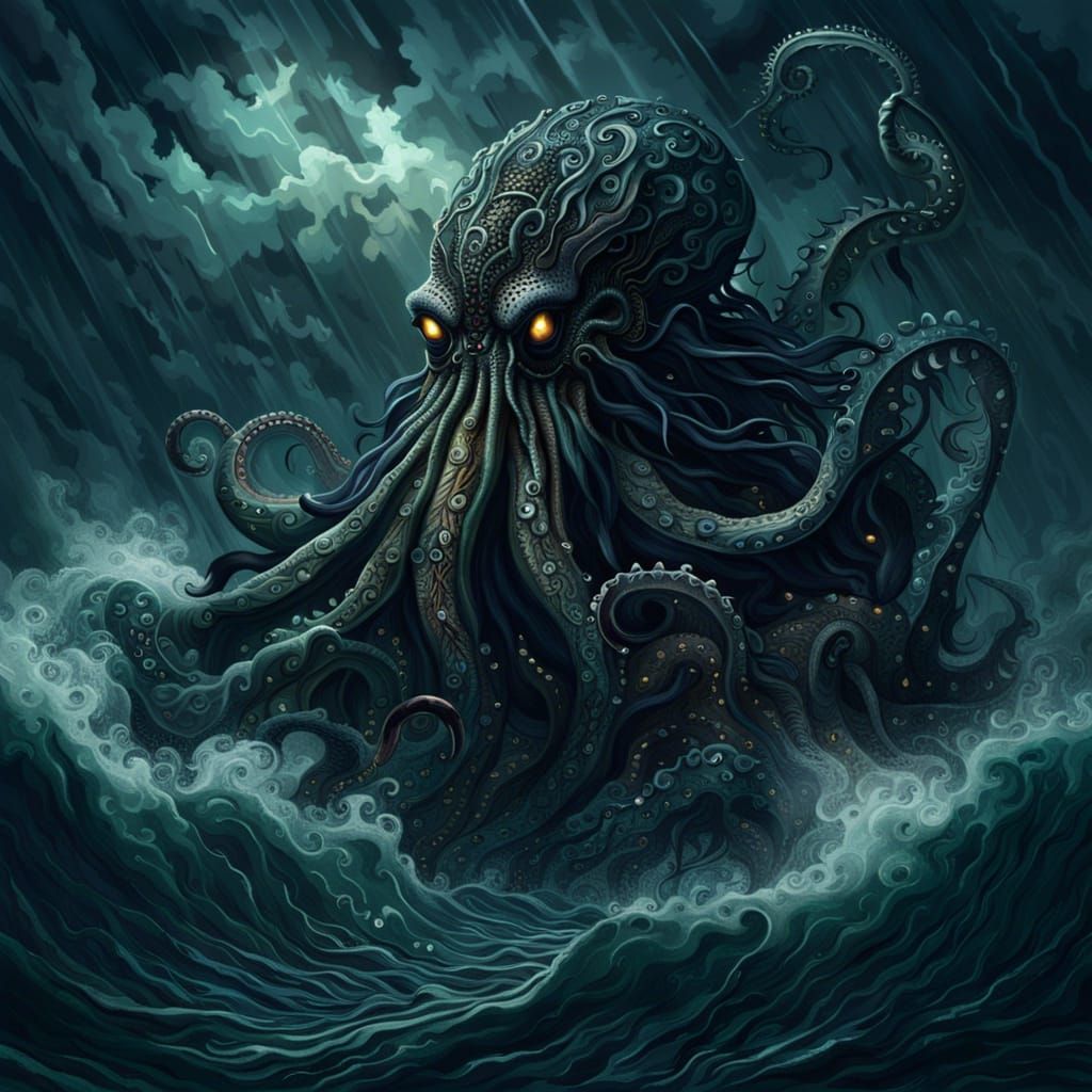 The Kraken, During a thunderstorm at night. Intricate detail, dark ...