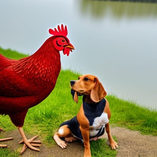 Two Animals: One is A Red Hen Chicken, The Other is A Beagle...