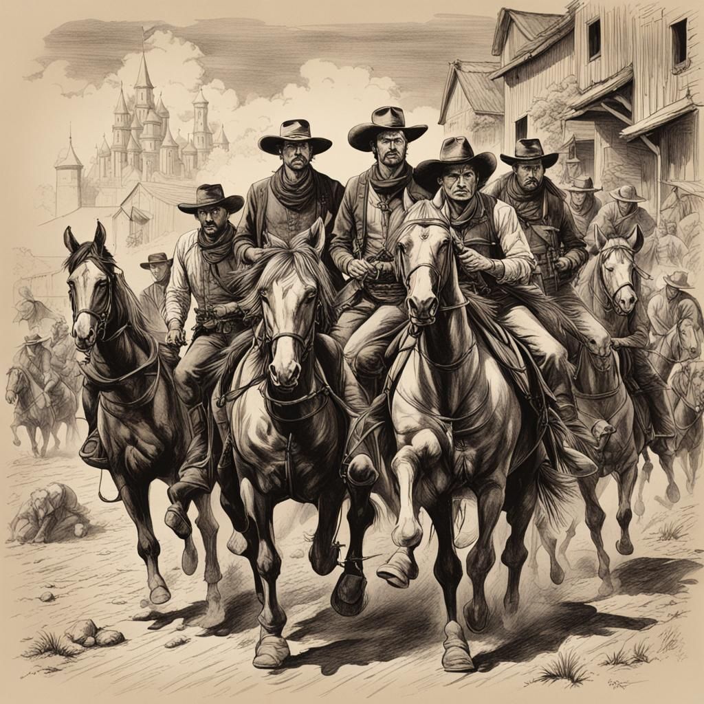 A scene from Tarantino's "Magnificent Seven" movie drawn in Albrecht Durer's style