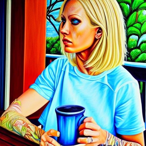 Blonde hair blue eyes beautiful woman southern Louisiana sipping tea on the porch detailed painting hyperrealism colorfu...