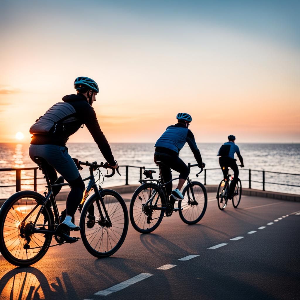 Cycling with friends with bicycles on the seafront at sunset