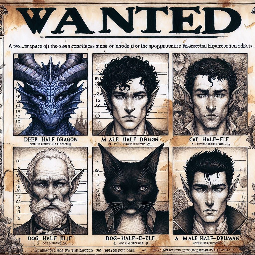 A vintage wanted poster, declaring. Picture of five individuals. Blue male half dragon. A old human man. A cat-human hyb...