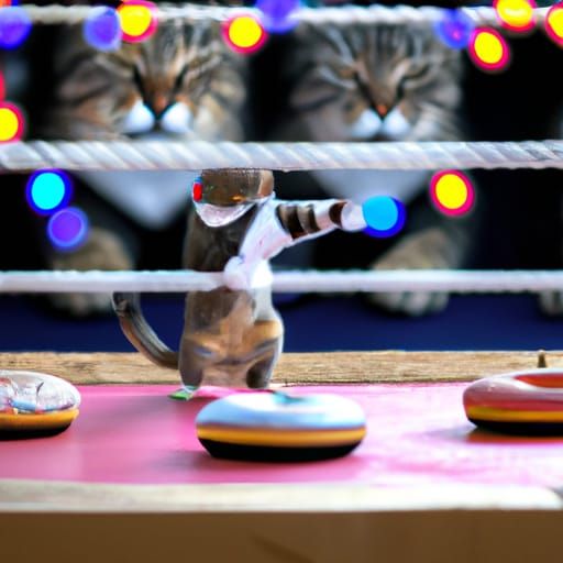 cats fighting in a boxing ring with doughnuts as spectators