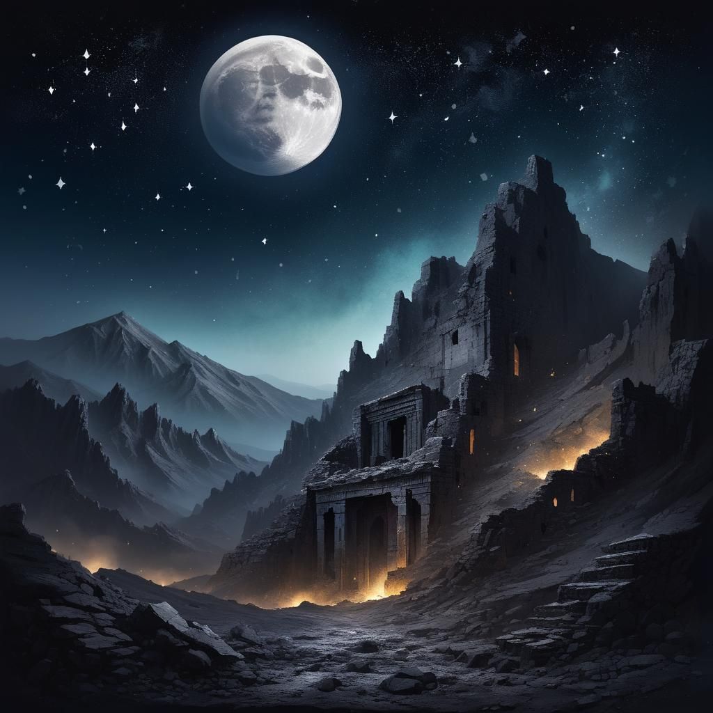 Atmospheric mountain and night sky with moon and stars