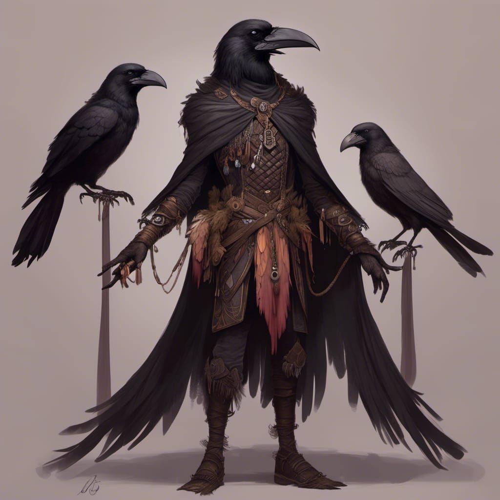 A concept art of a humanoid crow fantasy race.