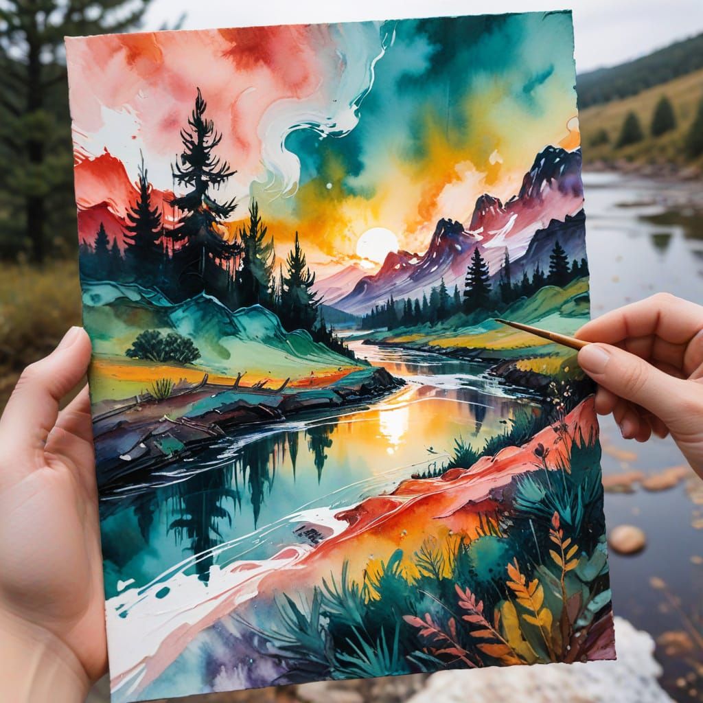 Expressionist Landscape with Liquid Watercolors and Gouache