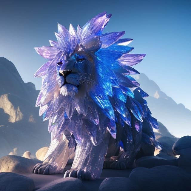 "Crystal lion made of crystal", flower made of crystal, crys...