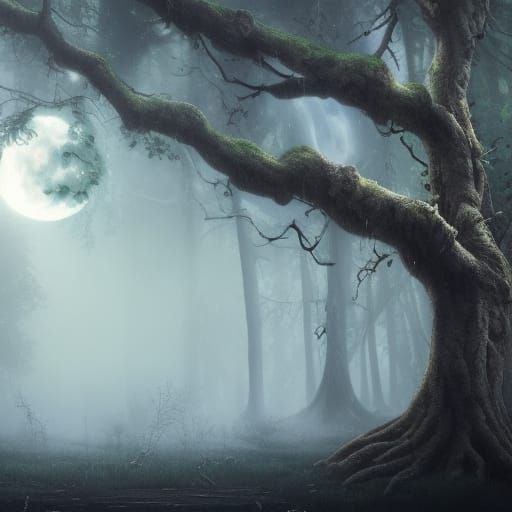 The moonlight of a magical full moon filtered by the tree br...