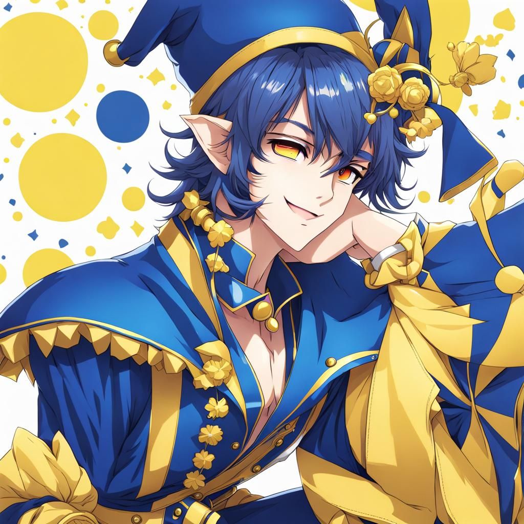 gay jester in a blue and yellow outfit