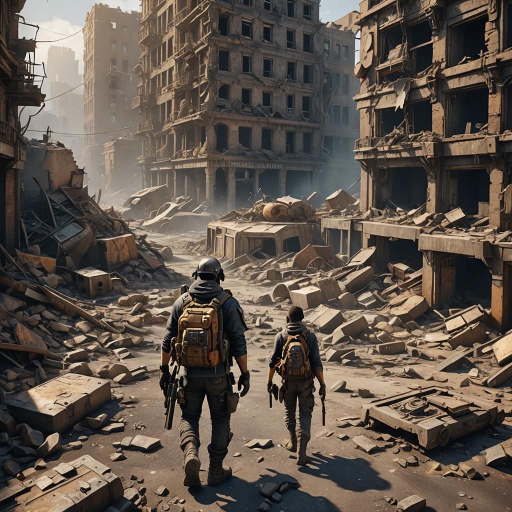 Wasteland dweller traveling through a destroyed city