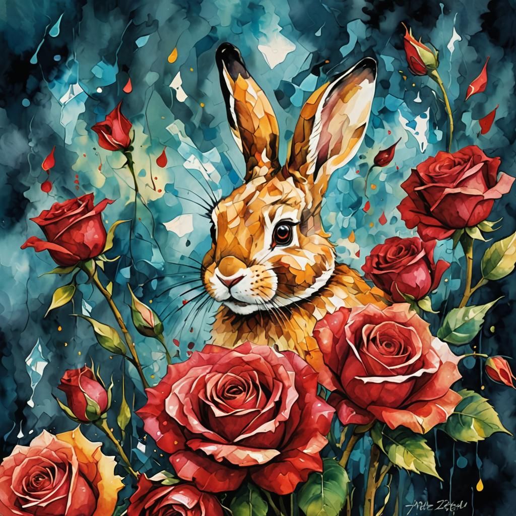 digital AI Afremovesque watercolor art, Anne Geddes, yogi rabbit in ruby roses, swirling explosive shards, ...  by @silverpoodle