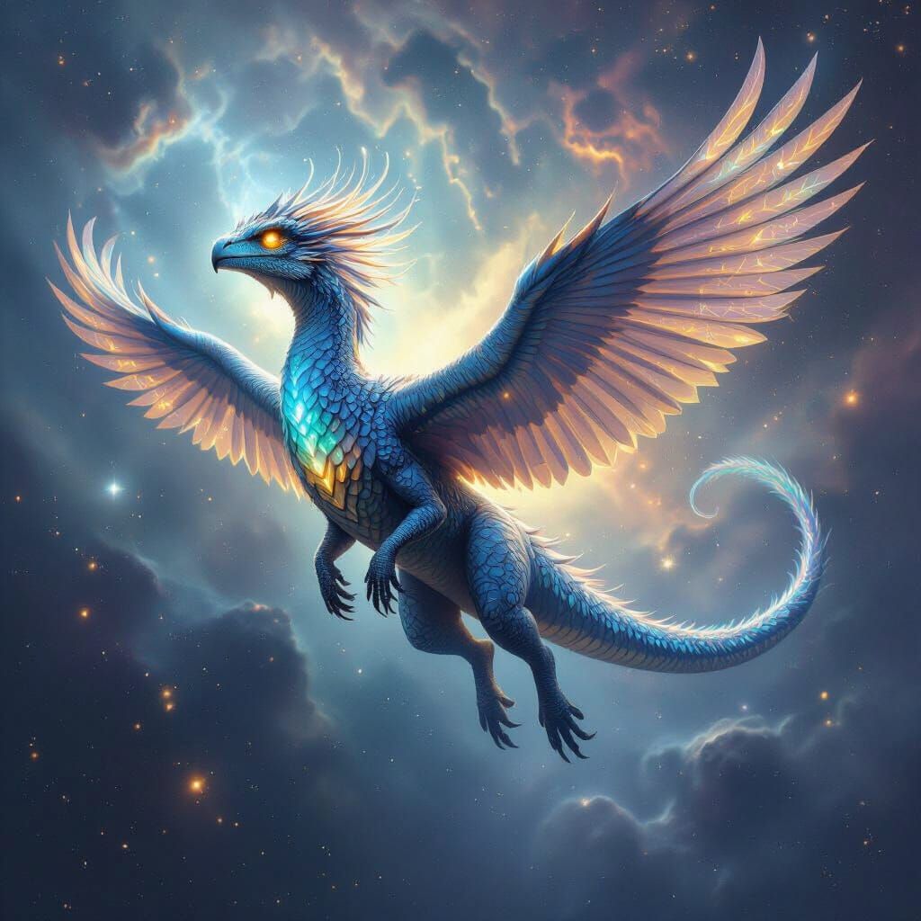 A majestic, feathered dinosaur with bioluminescent scales, soaring through a nebula filled with swirling cosmic dust and ethereal magic. The...