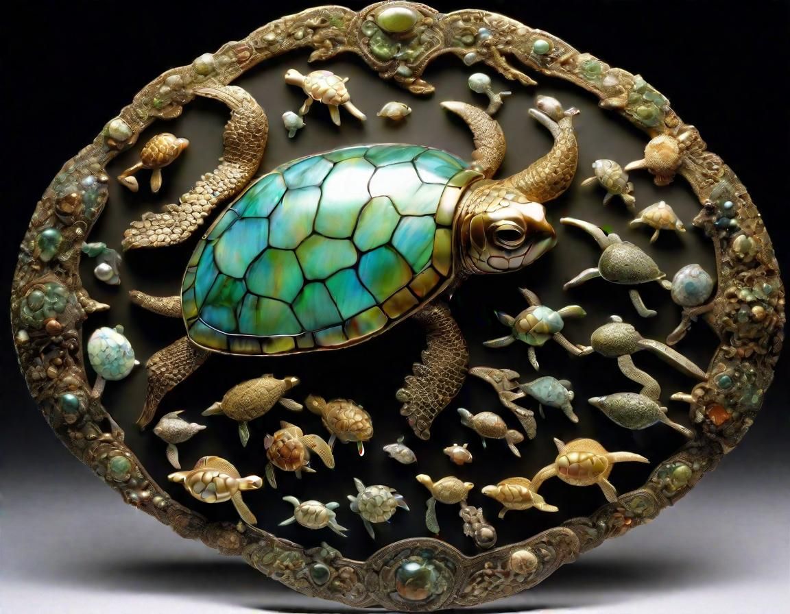 (Asian Style Panel depicting sea turtles created out of intricately ...