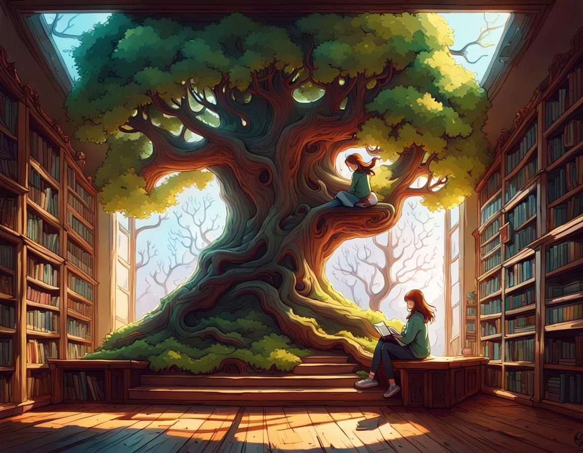a girl wearing an oversized jumper sitting in a giant library with a giant tree growing inside it. İsmail İnceoglu, Wass...