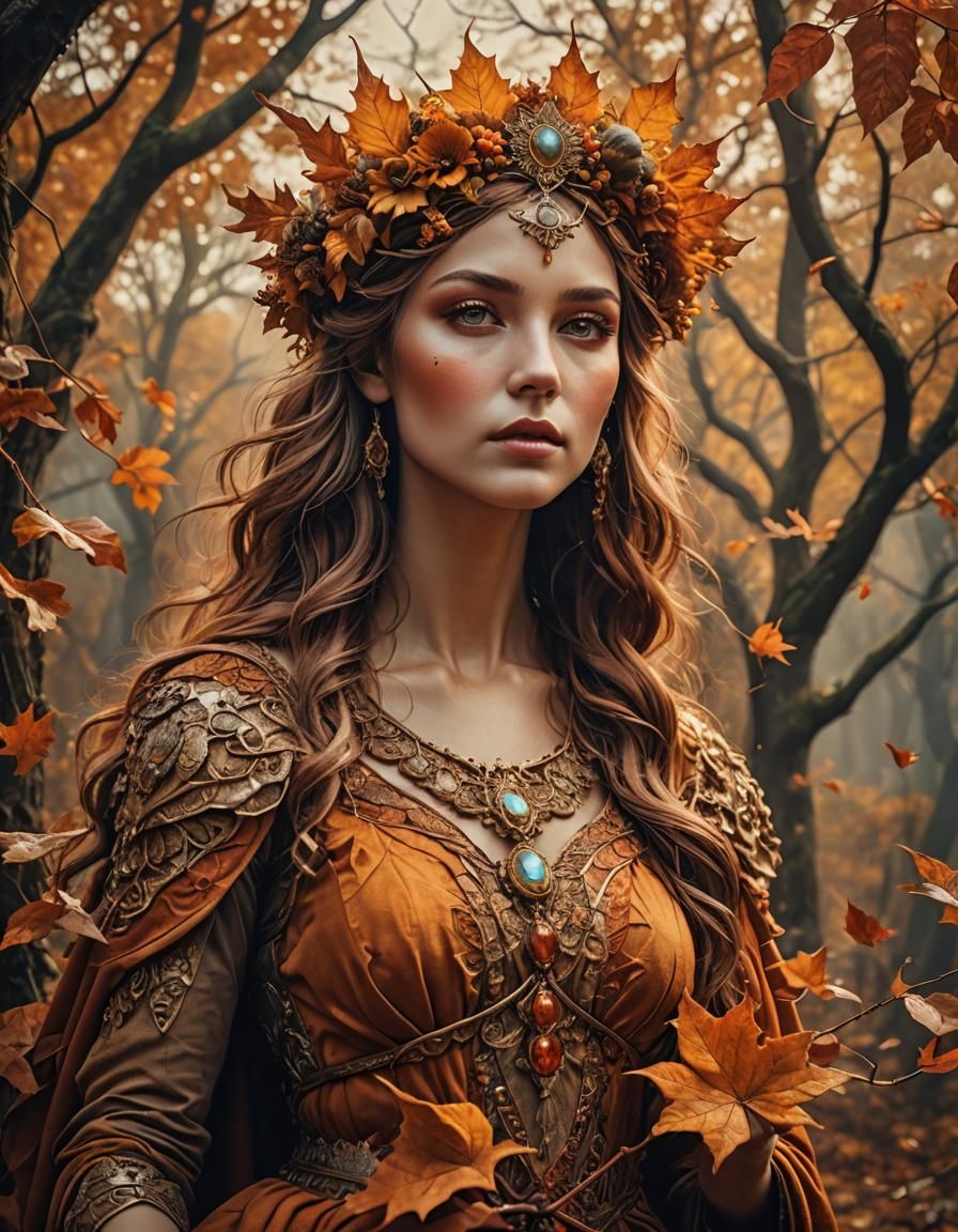 Portrait, Goddess of Autumn, surreal and creative, warm autu...