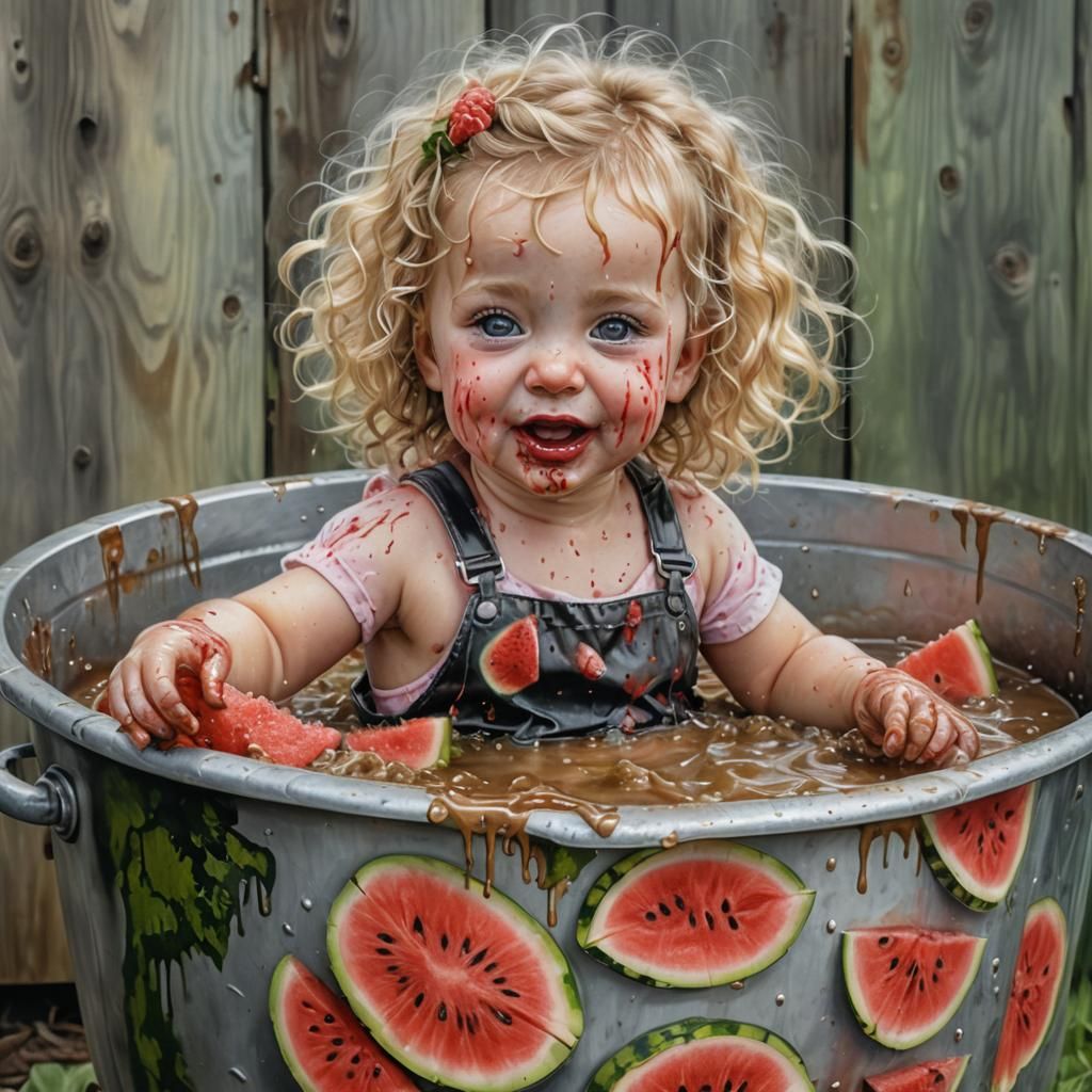 An airbrushed wet oil colored image whimsical character of a little baby girl with blonde curly disheveled hair sitting ...