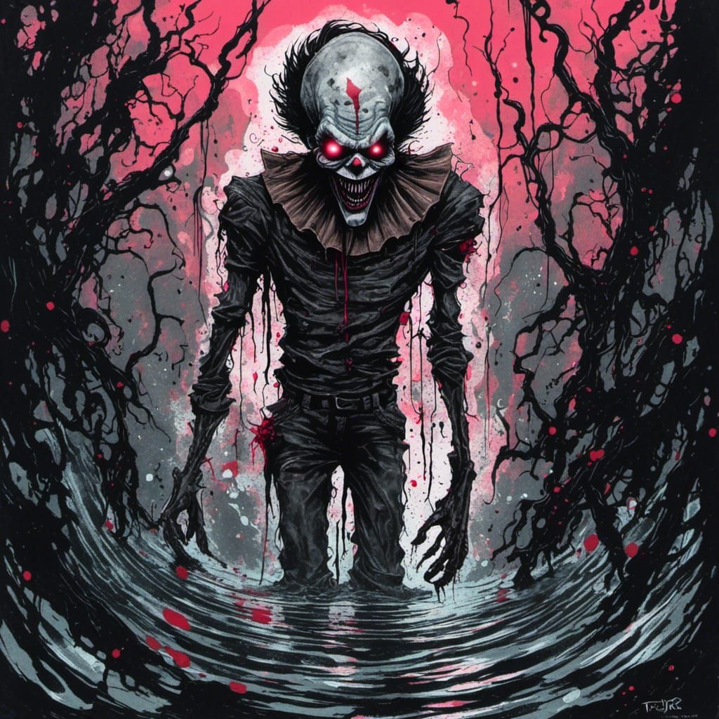 <lora:Twisted Ink:1.0> Pennywise in a sewage drain by Twisted Ink