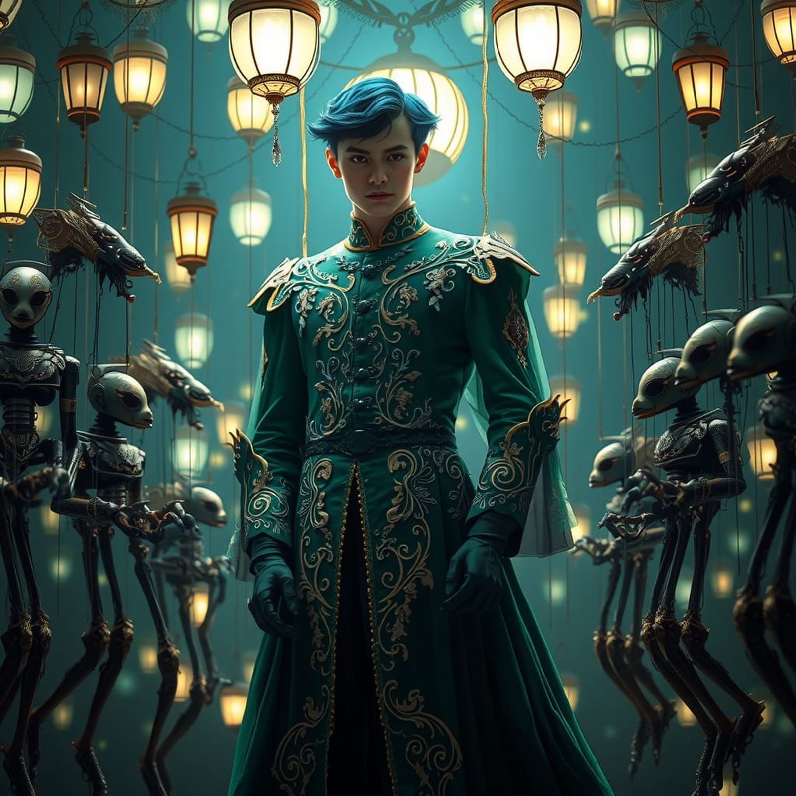 A handsome young man in a lavish green gown, with blue hair shimmering
