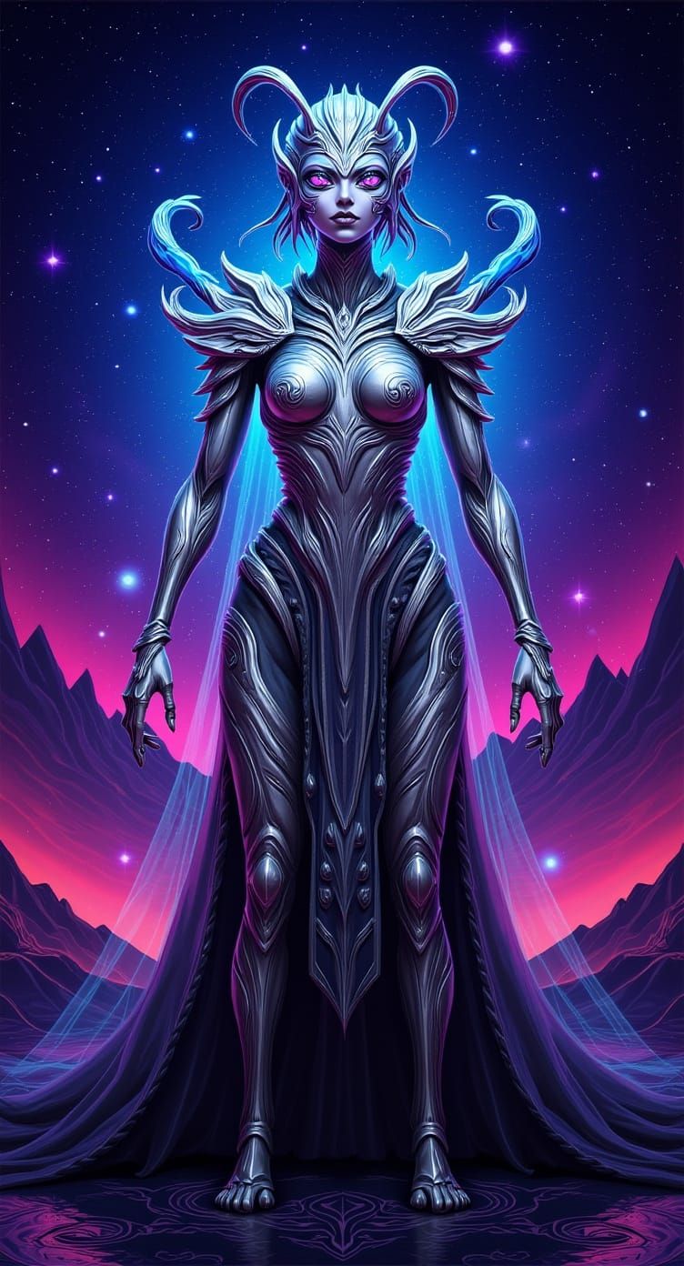 Ethereal female, humanoid hybrid with mantis-like features, chitinous skin, multifaceted eyes, adorned in intricate, swirling silver armor, ...