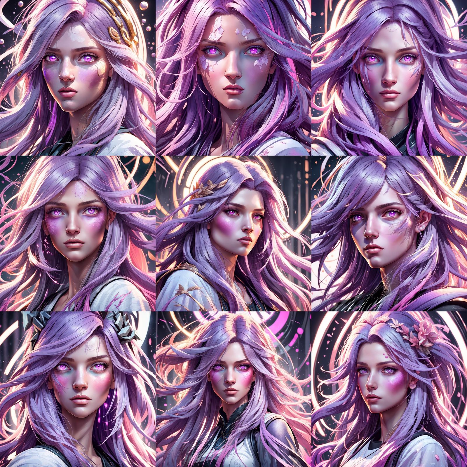 Teenage girl with long light purple hair and pink eyes