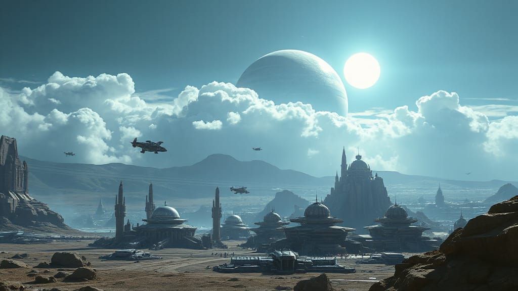 A technologically advanced alien city on the surface of a distant world with a gas giant planet, partially obscured by clouds, rising over t...