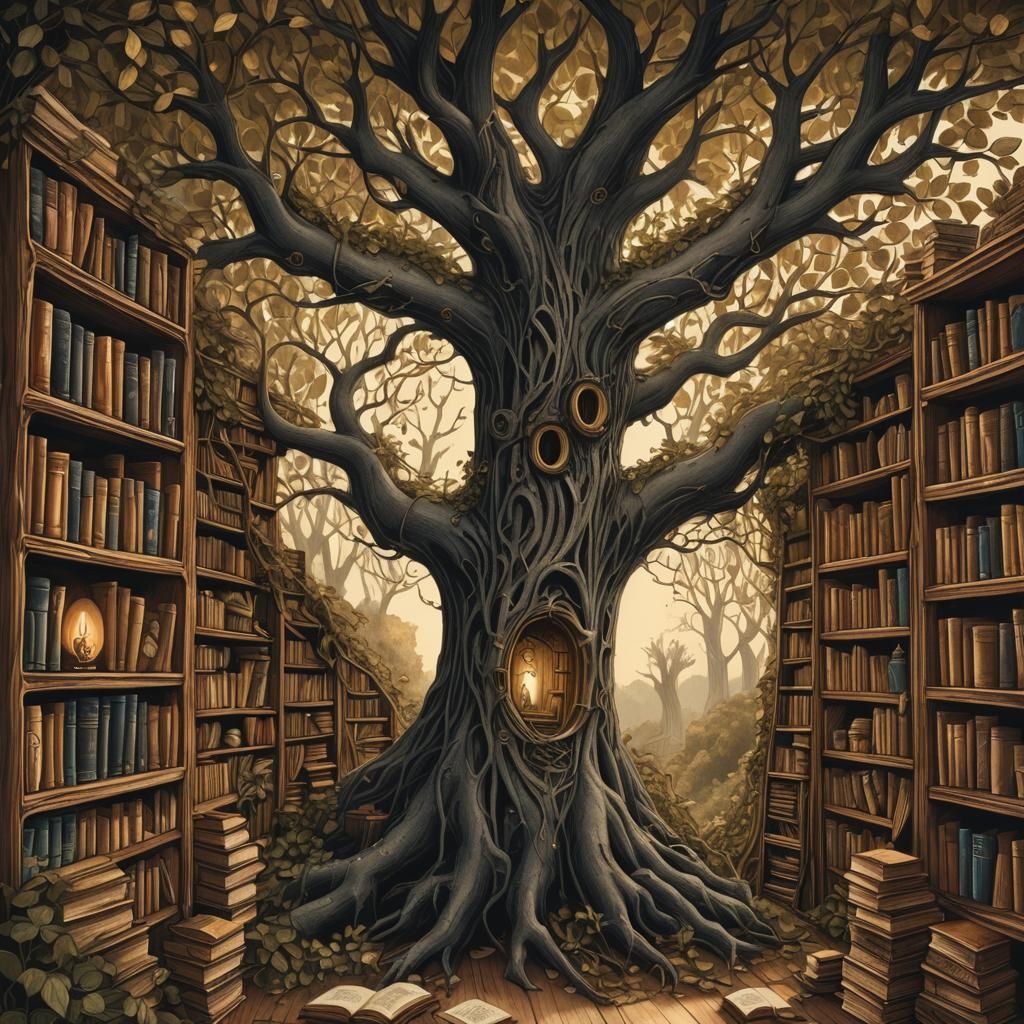 cute library in a hollow tree in the forest on a bright sunny afternoon, style of Edward gorey and gustav klimt