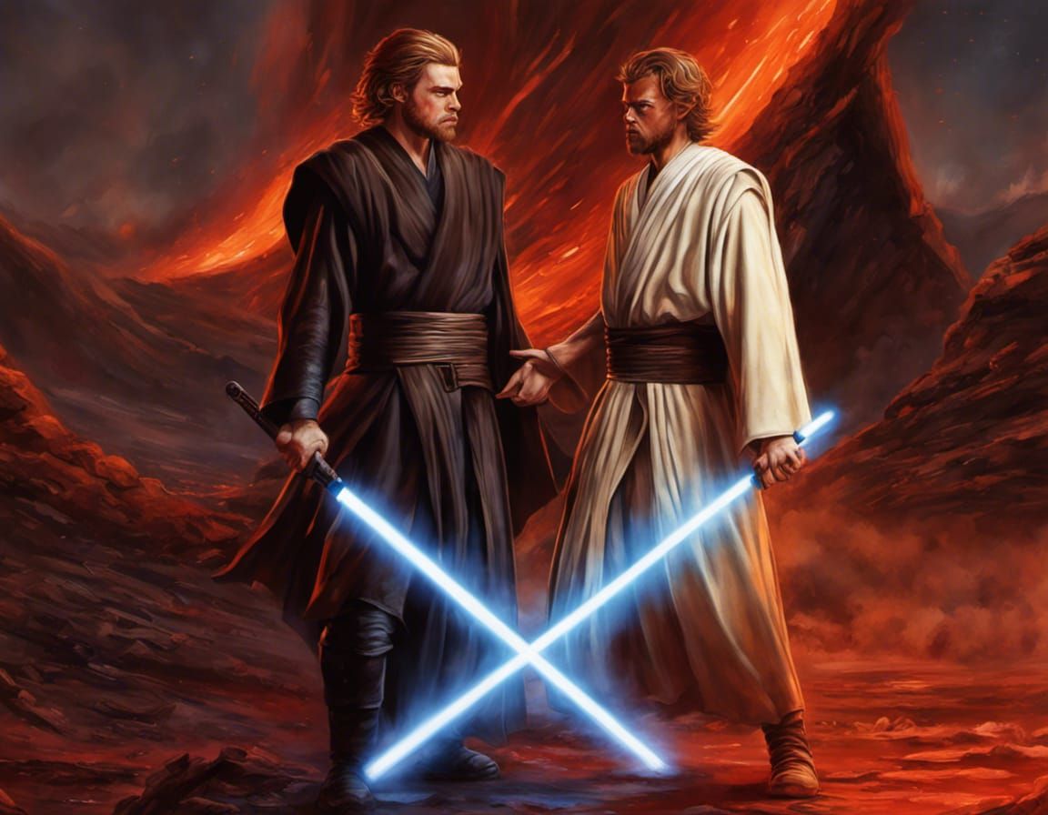 Anakin and Obiwan dueling on Mustafar near a lava river Hyperrealistic ...