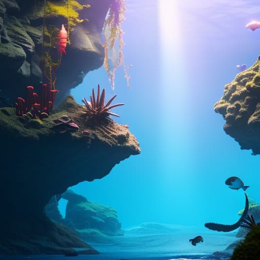 large tropical aquarium with sea horses, crabs and jellyfish