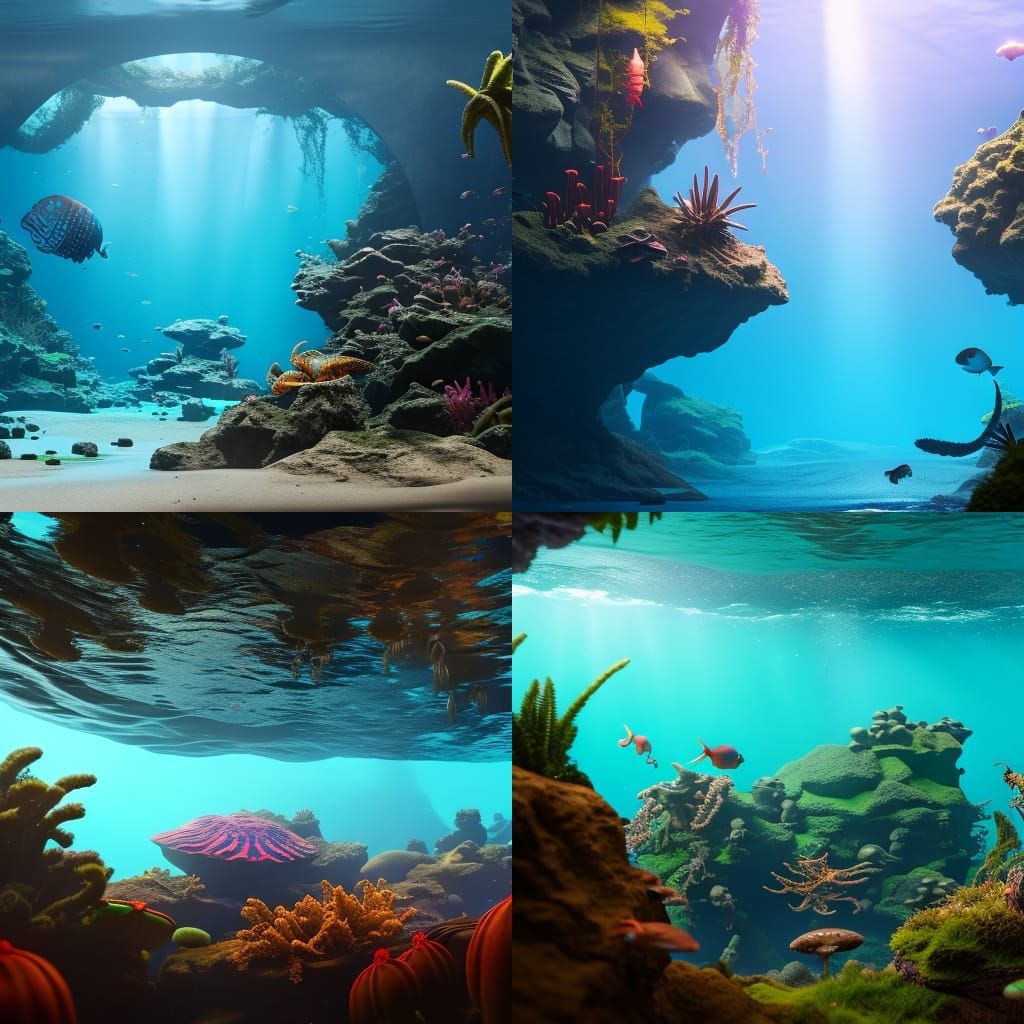Large tropical aquarium with sea horses, crabs and jellyfish