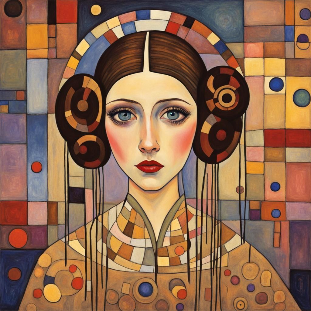 In the style of Wassily Kandinsky, Gustav Klimt, and Paul Klee, Princess Leia beautiful